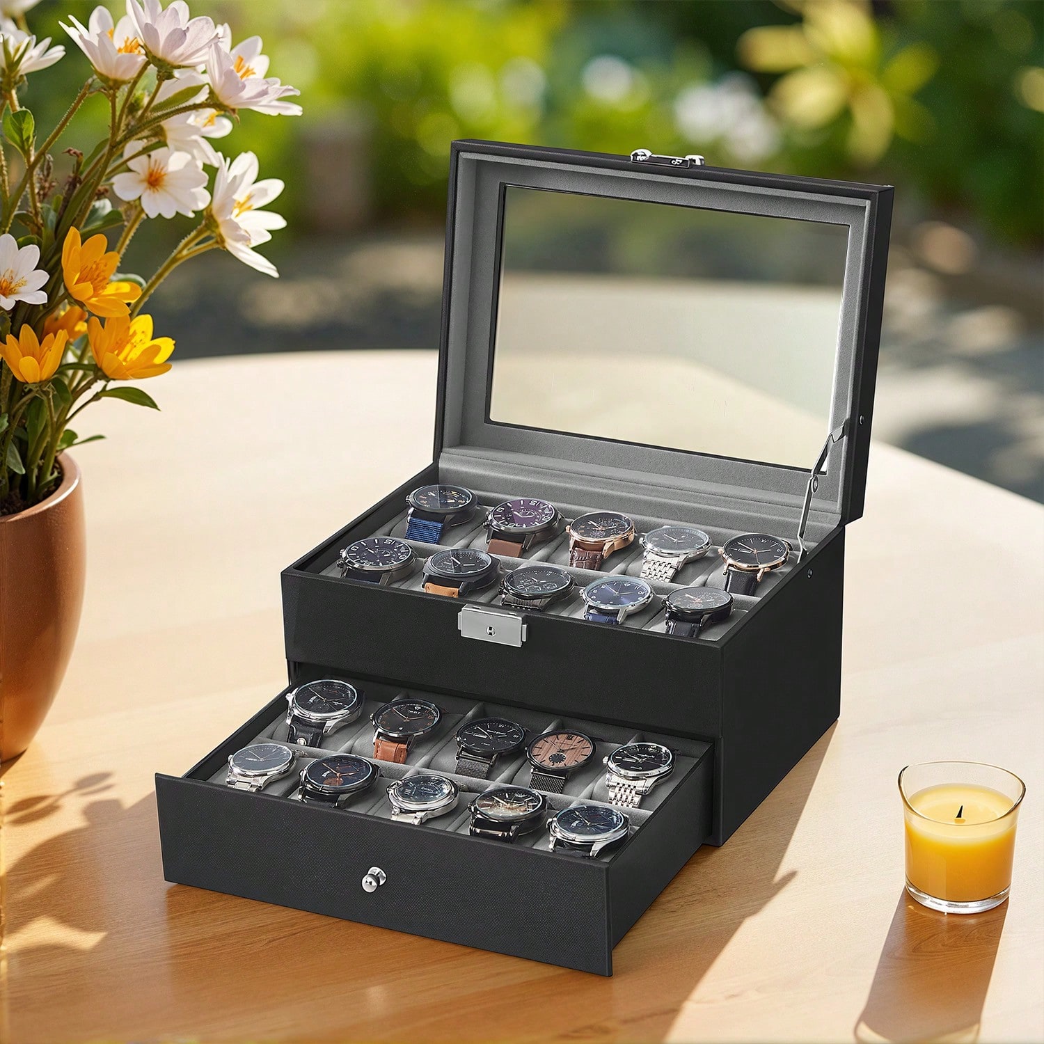 Jewelry And Watches Box - 유리 뚜껑과 잠금장치가 있는 20슬롯 시계