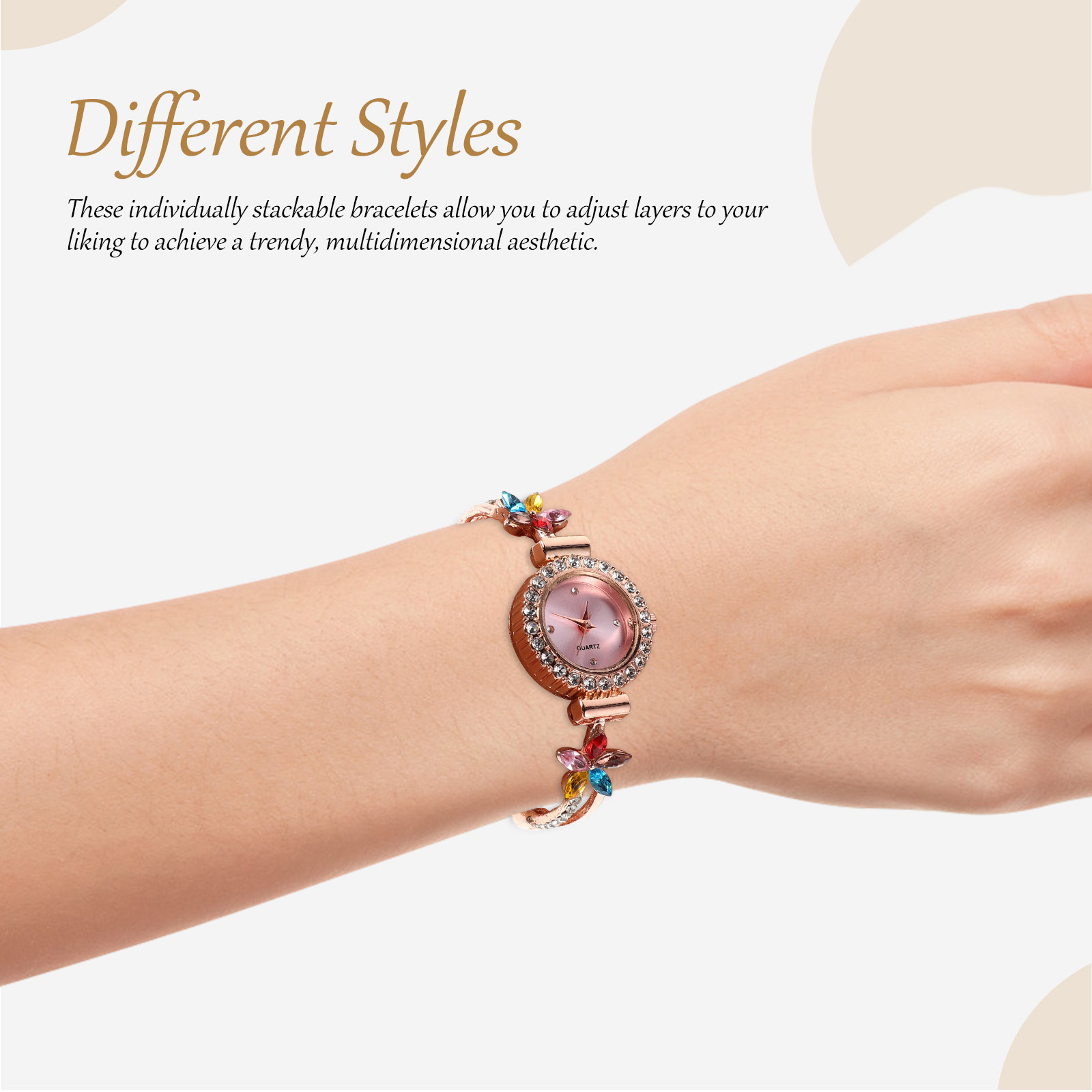 Jewels In Quartz Watches - 여성용 쿼츠 플로럴 라인스톤 팔찌 시계,