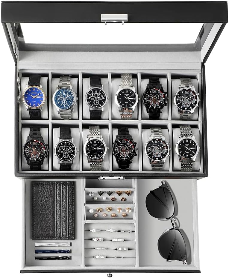Jewelry And Watches Box - 남성용 시계 보관함, 12칸 유리 뚜껑