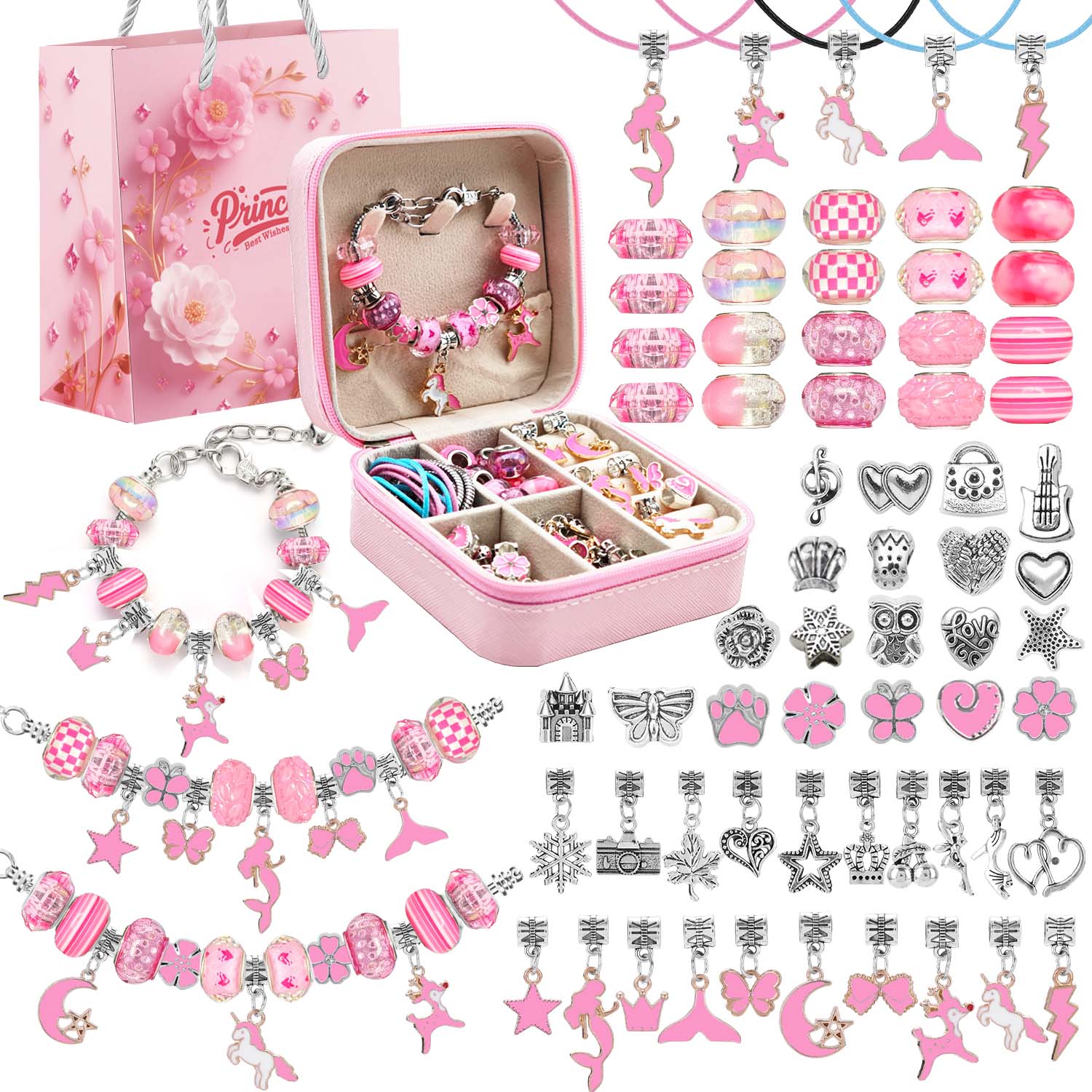 Charm Bracelet Beads - 68개 핑크 비즈 쥬얼리 세트, 핑크