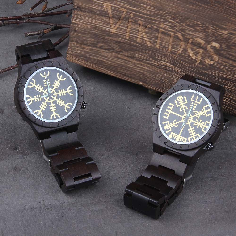 수제 나무 시계 남자 여자 룬 원형 시계 경외심의 황금 - Jewelry Watches Women 리뷰 및 가격