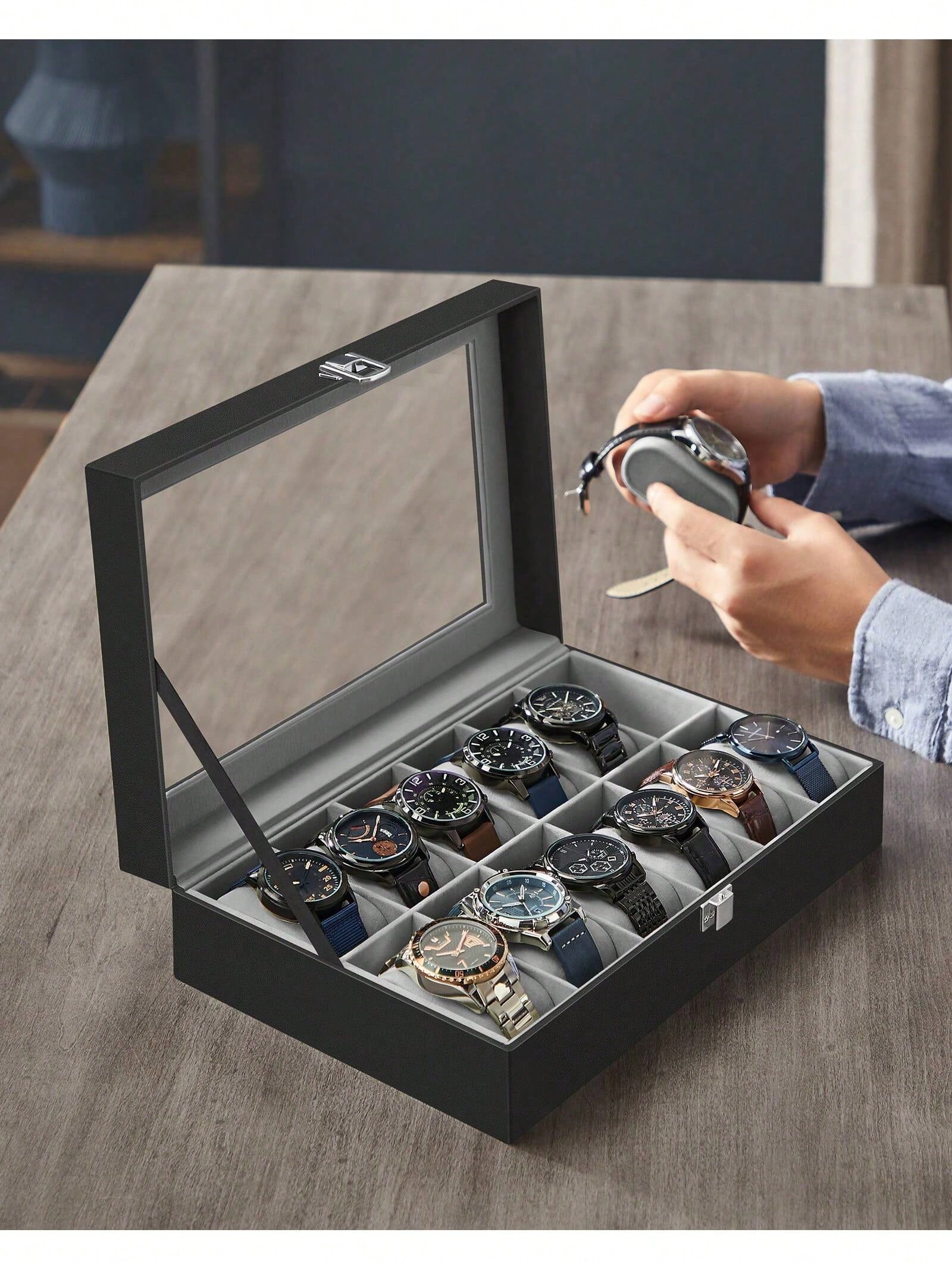 유리 뚜껑과 서랍이 있는 12슬롯 잠금식 시계 상자,  - Jewelry Box Watches Bracelets 리뷰 및 가격