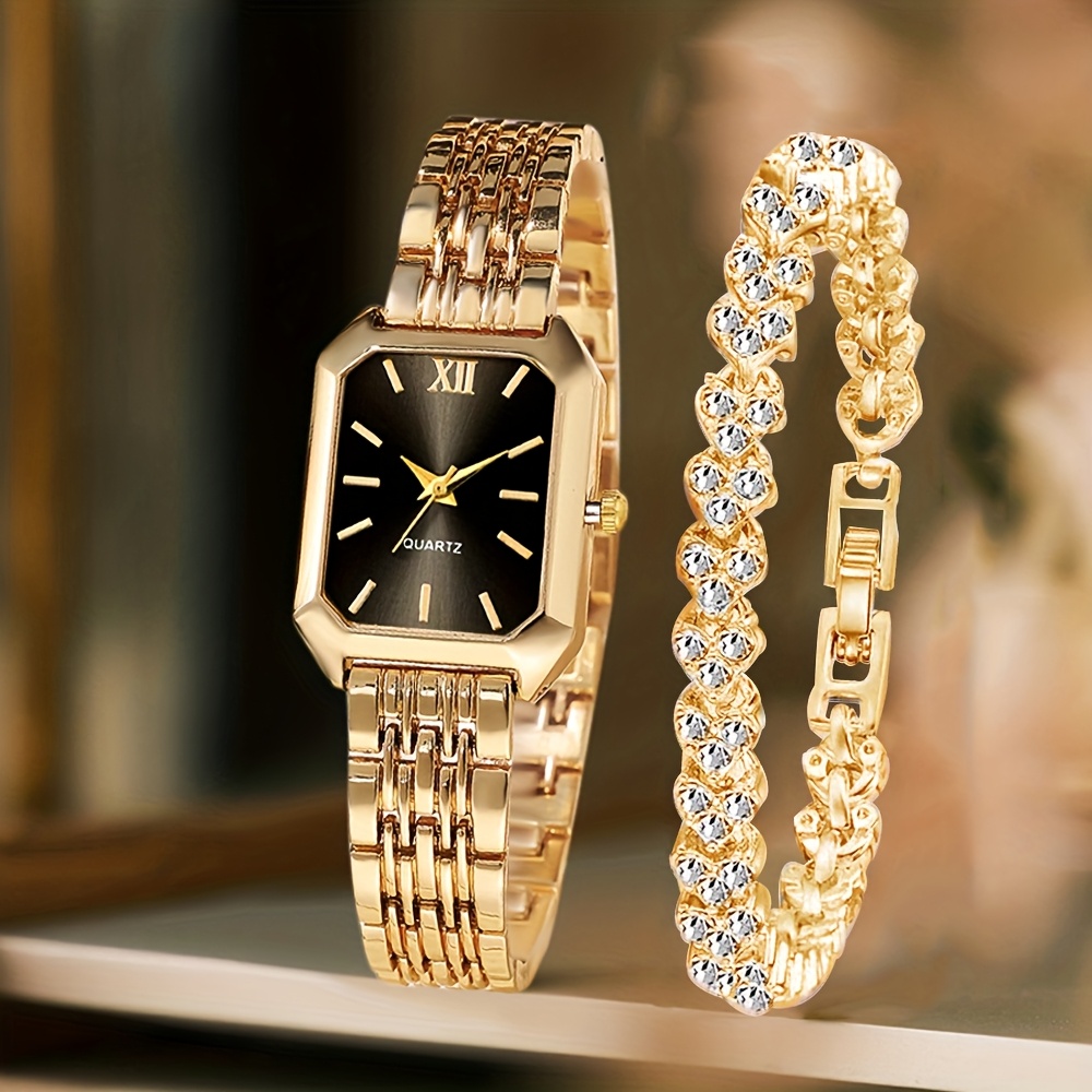 2PCS 패션 직사각형 여성 쿼츠 시계 라인스톤 팔찌  - Jewelry Watches Women 리뷰 및 가격