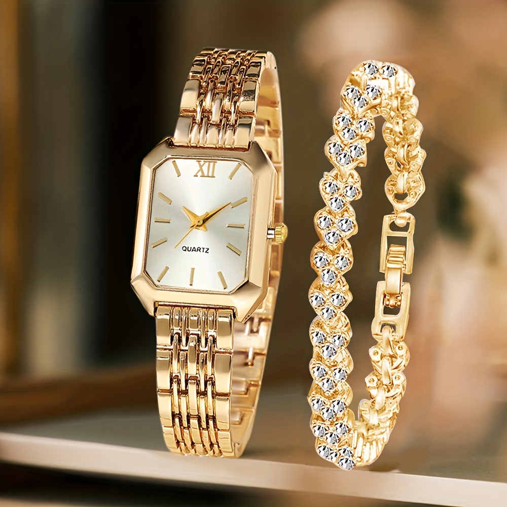 2PCS 패션 직사각형 여성 쿼츠 시계 라인스톤 팔찌  - Jewelry Watches Women 리뷰 및 가격