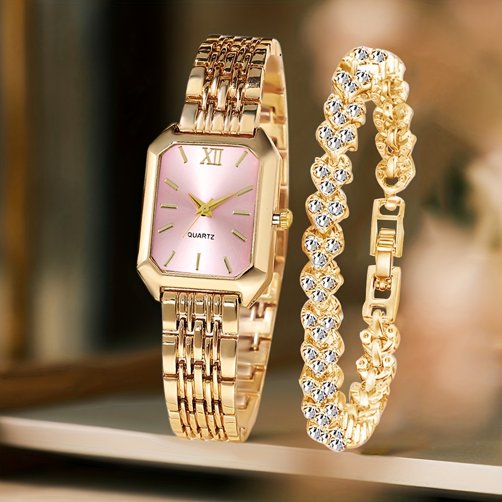 2PCS 패션 직사각형 여성 쿼츠 시계 라인스톤 팔찌  - Jewelry Watches Women 리뷰 및 가격
