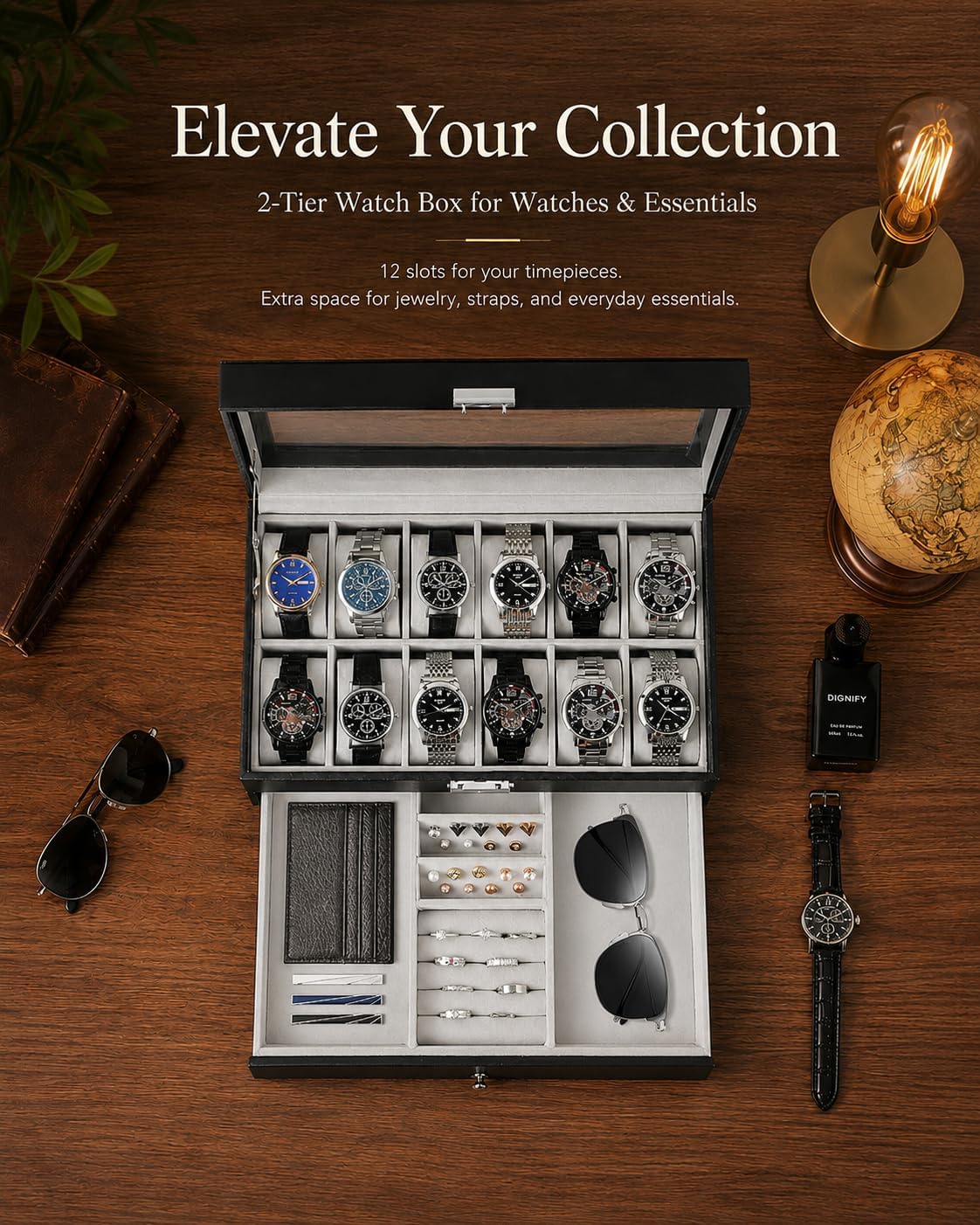 남성용 시계 보관함, 12칸 유리 뚜껑 시계 케이스,  - Jewelry And Watches Box 리뷰 및 가격